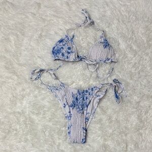 Volafa Blue And White Floral Textured Triangle Bikini Tie Waist Bottoms S